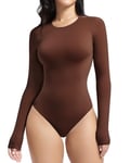 YIANNA Body Femme Manche Longue String Bodysuit Haute Élasticité Sexy Haut à Col Rond Top Justaucorps Suit Cocoa 5275 2XL