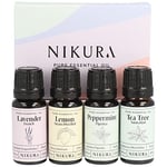 Nikura Best Sellers Essential Oil Gift Set - 4 x 10ml | for Aromatherapy, Diffusers for Home, Candle & Soap Making Scents, Oil Burners, Wax Melts | Lavender, Lemon, Peppermint & Tea Tree | Vegan & UK