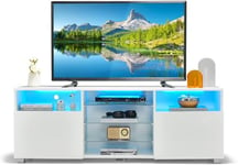 Giantex Meuble TV LED, Meuble TV avec 2 Placards, Étagères en Verre Réglables, Meuble Télé pour 65 Pouces, Trous de Câbles, Banc TV pour Salon Chambre et Bureau, 146 x 35 x 53 CM