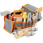 New Classic Toys - Tool Belt Set - Orange - Wooden Pretend Play Construction Set - Includes Hammer, Saw, Screwdriver, Pliers, Wrench, Ruler, Bolts, Nuts, and Wood Blocks - Adjustable Fabric Belt