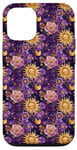 Coque pour iPhone 14 Violet Motif floral céleste Soleil Lune et étoiles