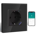 Zigbee Prise Avec Chargeur Rapide Usb C 20 W Avec Mesure De La Consommation,Prise Wi-Fi Encastree Pour Alexa/Google Home,Prise Intelligente Avec Mesure De Courant 16 A,1 Compartiment Noir