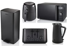 Swan Stealth Black Kettle 4 Slice Toaster Microwave Air Fryer & Pedal Bin Set