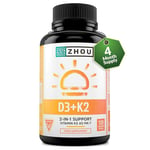 Vitamin D3 4000IU & Vitamin K2 100ug MK7-120 Vegetarian Capsules - 4 Month Supply - High Strength Cholecalciferol and MK7 - Vitamin D & K Supplement - Zhou