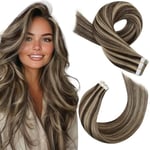 Moresoo Extension Cheveux Naturel Adhesif Blonde Meche Extension Adhesive Cheveux Humain Marron Foncé et Blond Caramel Extension Bande Adhesive Invisible 30 cm 20 Pièces/30g #P4/27