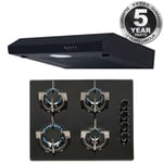 SIA 60cm Black 4 Burner Gas On Glass Hob & Slim Visor Cooker Hood Extractor Fan