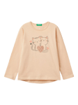 Benetton Kids' Cat Print Long Sleeve T-Shirt, Beige