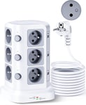 [5M Câble] 12 Prises 2P+T De Type-E (France) Tour Multiprise Parafoudre Et Surtension(4000W/16A), Multiprise Electrique Avec 6 Ports Usb Et 12 Prises, 5M Câble, Blanc[MUL210208]