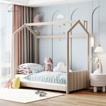 Retrok - Lit cabane 90x200cm, lit simple d'enfant, lit de maison avec tête et pied, sommier à lattes, tissu velours, beige