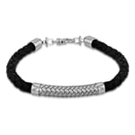 Amazon Essentials Bracelet en argent sterling rhodié, cuir noir et chevrons en satin 21,5 cm