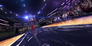 Basketball court wide view all cort in a little motion blur blue toning