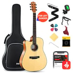 Donner Acoustic Guitar Left Handed Acoustic Guitar 4/4 41 inch Full Size Guitar Cutaway Beginner with Gig Bag Strap Capo Strings Tuner Picks(Natural)