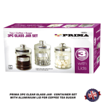 Prima 3pc Clear Glass Jar / Container Set Aluminium Lid for Coffee Tea Sugar