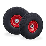 Relaxdays Roue de Diable Set de 2, Caoutchouc 260x85 mm, increvables, 16 mm, 4.1/3.5-4 essieu, jusqu'à 150kg, Noir-Rouge