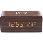 1pc Réveil en Bois brun avec Chargeur sans Fil Qi Compatible avec iPhone Samsung Horloge Numérique led en Bois Fonction de Contrôle du Son, Affichage