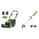 Greenworks 48V (2x24V) Self Propelled Cordless Lawnmower & 24V Cordless Strimmer Lawn Edger With Wheel For Medium Gardens, 33cm Cutting Width, Autofeed 2mm Nylon Line, 24V 4Ah