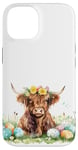 iPhone 14 Highland Cow Spring Cute Easter Pattern Eggs Floral Flowers Case