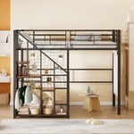 90x200cm Lit mezzanine pour enfant, lit mezzanine avec étagère de rangement et placard, lit superposé en hauteur, cadre de lit en fer, noir