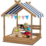 Outsunny Bac à Sable Bois Forme de Maison pour Enfant 124 x 116 x 146 cm - avec auvent, 2 bacs, évier, Tableau Noir, fanions - Bois Sapin Autoclave