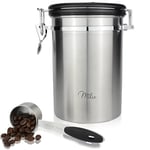 Milu boîte à café | 500g, 700g | coffee vault hermétique acier inoxydable avec Cuillère à Mesurer, Conservation pour Café Poudre, Café Grain (Acier inoxydable, 700g)