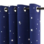 PONY DANCE Kids Blue Blackout Curtains for Bedroom - Noise Reducing Thermal Insulated Ring Top Short Foil Printed Star Curtains with Eyelet for Boys Children, 66 x 54 Drop Inch, 2 Panels