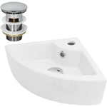 ML-Design Lavabo d'angle en Céramique Blanc, 46x33x13 cm, Angulaire, avec Bouchon de Vidage Chrome en Laiton, Trop-Plein et Trou pour Robinet Inclus,