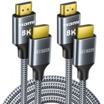 Câble HDMI 2.1 8K 2M 2 Pièces, 48Gbps Câble HDMI Tressé en Nylon Haute Vitesse, Prend en Charge 8K@60HZ, 4K@120Hz, Compatible avec PS5/4 TV Switch Monitor Blu-ray Soundbar