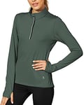 icyzone Femme Veste de Sport 1/4 Zip T-Shirts Manches Longues Séchage Rapide avec Chemises de Course Haut de Yoga Trous de Pouce (XL, Vert Foncé)