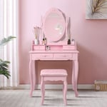 ML-Design Coiffeuse Table de Maquillage Rose avec Tabouret , Miroir et 4 Tiroirs , 75x140x40 cm, Table de Toilette en Bois MDF, Table de Cosmétique