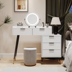 Coiffeuse élégante avec Miroir led Réglable,2 Tiroir avec Compartiments Rangement,5 Tiroir,Pieds en métal plaqué or,80x40x101cm,Blanc - sans tabouret