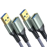 Rallonge USB,Rallonge USB 1M+1M,Lot de 2 Rallonge USB 3.0,Câble USB Mâle Femelle Compatible avec Hubs,Imprimantes,Lecteurs de Cartes,Adaptateurs Bluetooth,Clés USB,Scanners,Disques Durs(Gris(Q119)