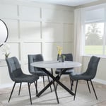 Chopstick Grey Glass and Black Metal 4 Seater Round Dining Set - 4 Corona Light Grey Fabric Chairs