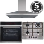 Touch Control Pyrolytic Single Fan Oven, 4 Burner Steel Gas Hob & Chimney Hood