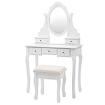 VASAGLE Coiffeuse, Table de Maquillage, avec 1 Miroir, 5 tiroirs et 1 Tabouret, Parois dans Le tiroir, Miroir pivotant, Blanc RDT09W