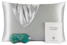 Vespersilk 100% Mulberry Silk Pillowcase & Eye Mask Set for Hair and Skin Health, 19 Momme Grade 6A Organic Silk Both Sides, with Hidden Zipper (Standard 50x75cm, Silver Grey)