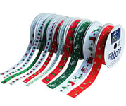 Bright Ideas Printed Christmas Cross-Grain Ribbon Bundle, PK10 Assorted Ribbon Widths (9mm, 19mm & 25mm), 30m Value Pack, Assorted Ribbon Designs for Crafts, Gift Wrapping & Party Decoration. BI3036.