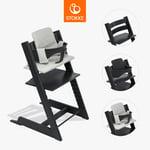 STOKKE® Tripp Trapp® barnstol bok svart inkl. dyna Nordic grey och Baby Set V2 svart