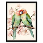 Artery8 Birds Of A Feather Love Birds Perched On A Cherry Bloom Artwork Framed Wall Art Print 18X24 Inch