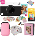 KODAK Printomatic Full-Color Instant Print Camera Gift Bundle + Soft Case + Zink 2x3" Sticky Back Photo Paper 20pk + Album + Sticker Sets + Sticker Frames + Hanging Frames + Markers, Fun Gift - Black