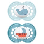 MAM Lot de 2 tétines originales en silicone MAM SkinSoft, respectueuses des dents, en matériaux durables et bio-renouvelables, avec boîte à tétine, pour bébé de 6 à 16 mois, motif baleine/bateau