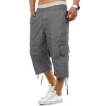 2k18Jun Mens Mian Elasticated Waist 3/4 Twill Shorts Long Cargo Combat Pants Cotton[Charcoal,XXL]