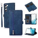 Asuwish Phone Case for Samsung Galaxy S23 5G Wallet Cover With Tempered Glass Screen Protector and Leather Flip Zipper Credit Card Holder Stand Cell S 23 23S GS23 G5 SM-S911U 6.1 inch Women Men Blue