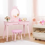 COSTWAY Coiffeuse avec Tabouret de Filles,Table de Maquillage pour Enfants, Style Princesse Européenne avec Tiroir et Miroir (Rose)