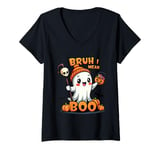 Womens Funny Halloween Ghost Bruh I Mean Boo Skull Pumpkin Candy V-Neck T-Shirt