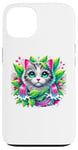 iPhone 13 Beloved Cat with Green Leaves Cat Lovers Pink Waterfalls Case