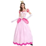 Super Mario Peach Cosplay Damkläder Cosplay Kostym Rosa Prinsessklänning + Handskar + Huvudbonad Klädset S