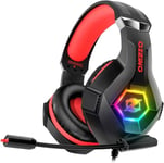 Ozeino Gaming Headset for PC, PS4, PS5, Xbox Headset, Gaming Headphones with Noise Cancelling Flexible Mic Memory Earmuffs RGB Light for Phone, Switch, Mac -Red