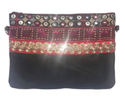 NOVAGO Pochette bandoulière Strass à Maquillage, Pochette multiusage,Pochette Tablette (6-10'') Compatible avec iPad iPad Mini Galaxy Tab A7/A8/S2 décoration Fait Main (Noir/Rouge)