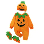 0-24 månader Nyfödd bebis En del Pumpa Romper Kostym Halloween Overall+Hatt+Stövlar Set Gåvor 6-12 Months