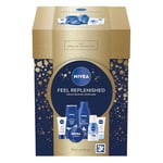 NIVEA Feel Replenished Gift Set (6 Products), Skincare Women's Gift Set with Creme, Eye Make-Up Remover, Shower Cream, Body Lotion, SPF15 Day Cream, and Night Cream